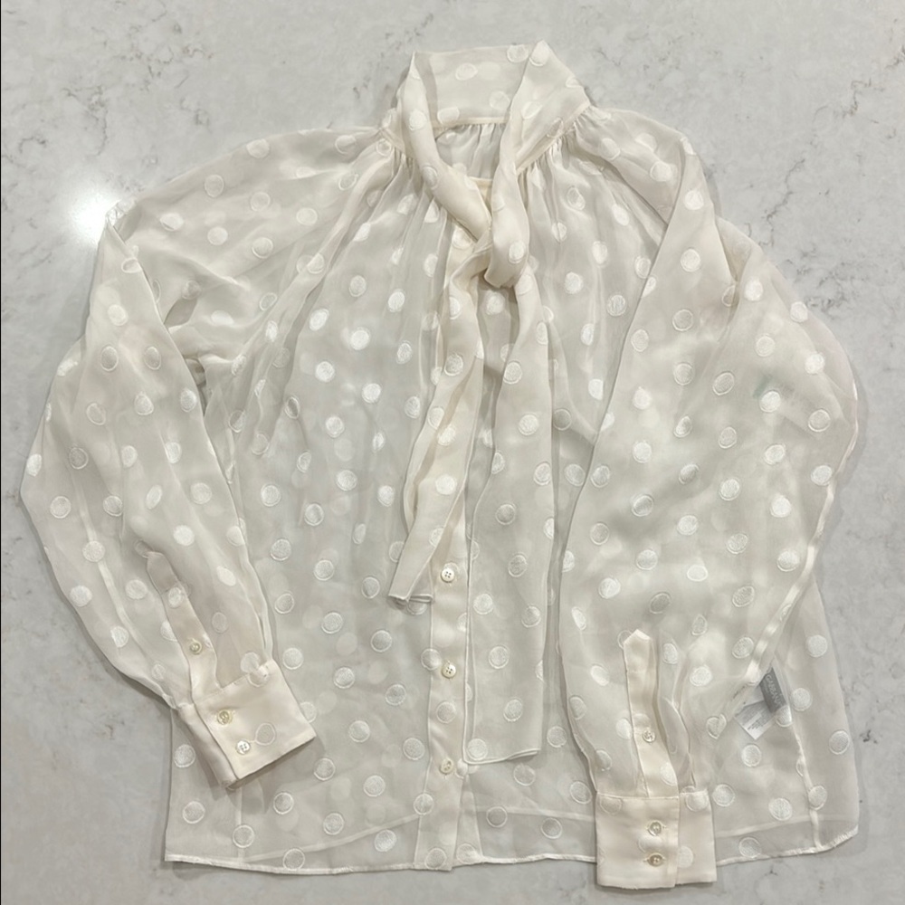 Dolce & Gabbana Sheer White Polka Dot Silk Blouse with Bow Tie Sz 42